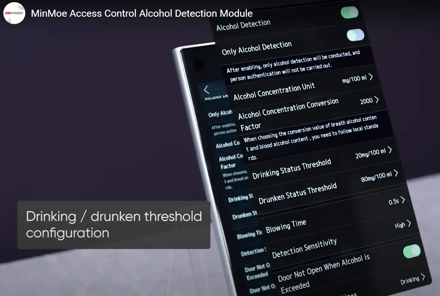 Mobile Settings Drop Down Menu of the Hikvision Integrated Alcohol Detection Module. The Drinking Status and Drunken Threshold Settings are highlighted - CTSTime & Access Control Specialists.