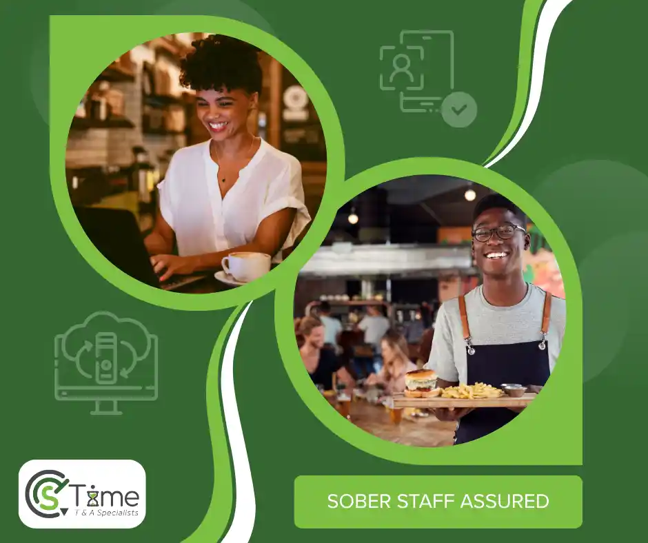 Left side: A smiling lady sitting at a restaurant reception working on her laptop with a cup of coffee next to her. Right side: A smiling waiter holding a tray of food (burger & chips) with customers in the background. Sober Staff Assured. CTSTime Access Control Specialists. KZN