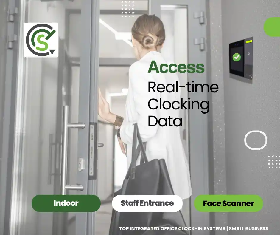 CTSTime biometric clocking systems for small businesses showing an indoor face scanner at an office staff entrance.